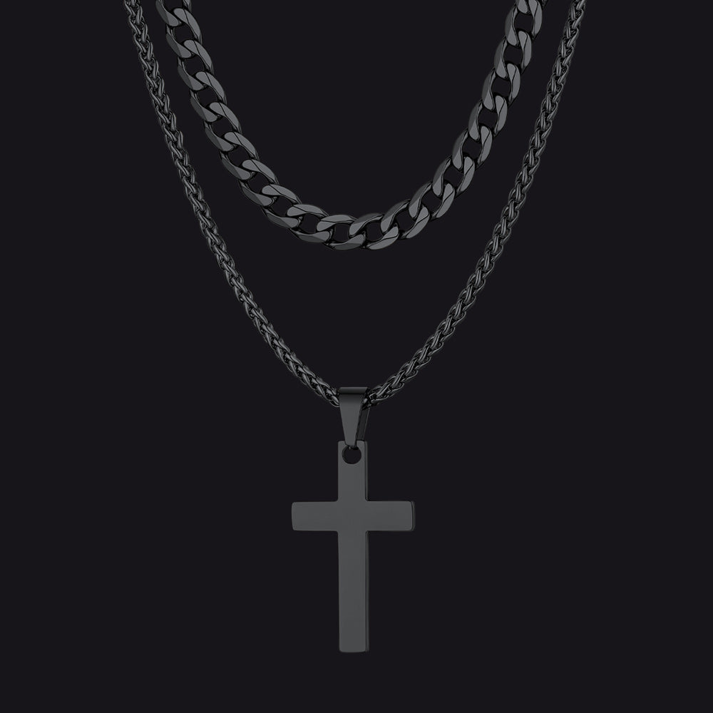 Gift for Cuban Chain & Cross Pendant Layered Necklace Set Birthday Gift