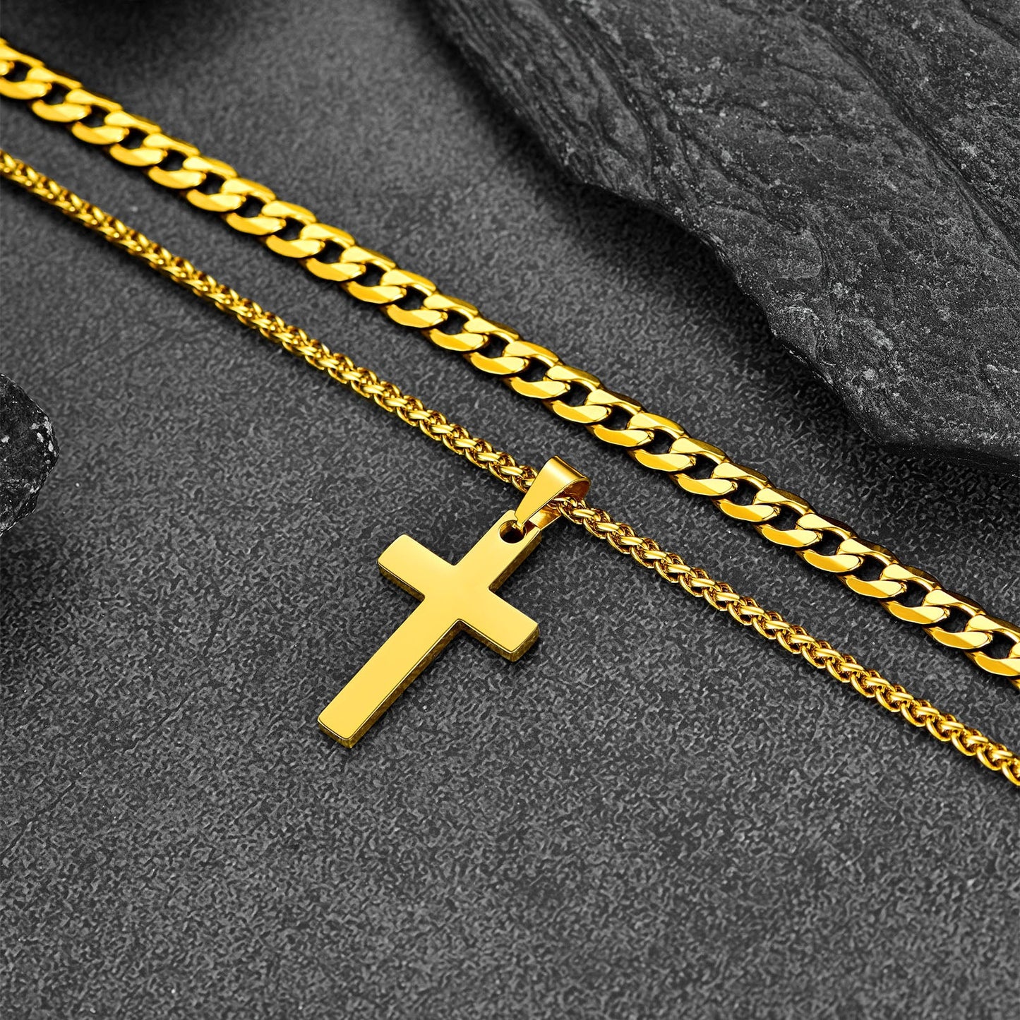 Gift for Cuban Chain & Cross Pendant Layered Necklace Set Birthday Gift