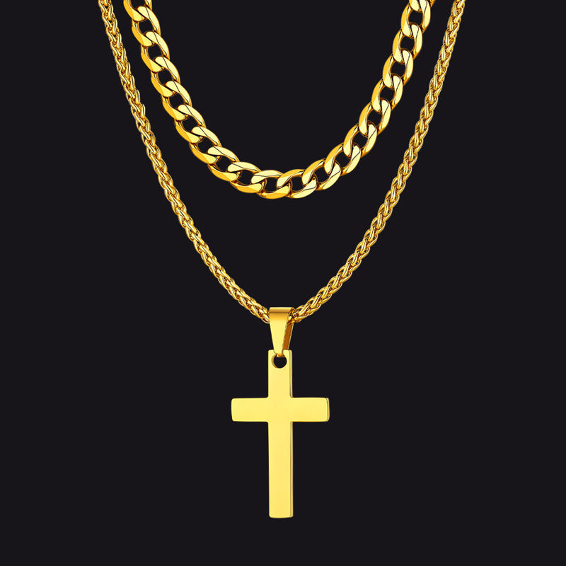 Gift for Cuban Chain & Cross Pendant Layered Necklace Set Birthday Gift