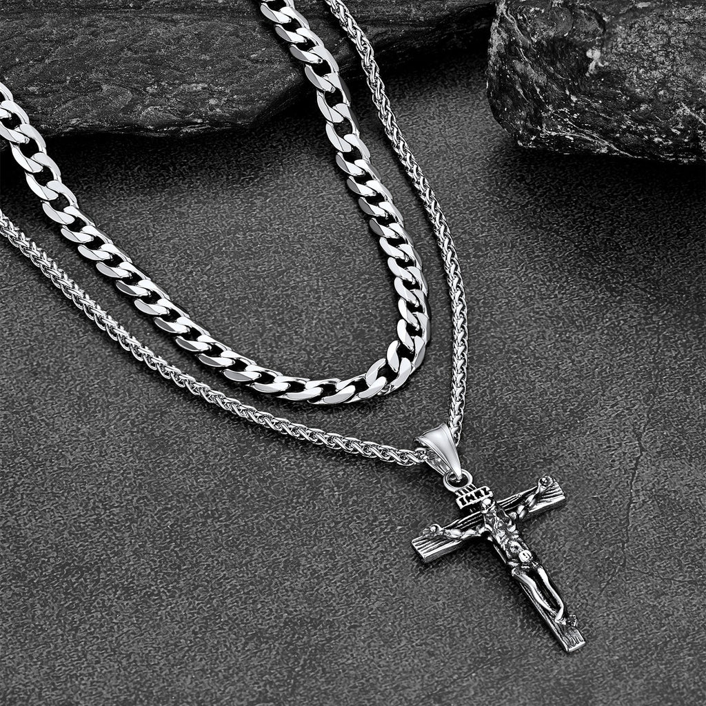 Jesus Crucifix Cross & Cuban Chain Layered Necklaces Set for