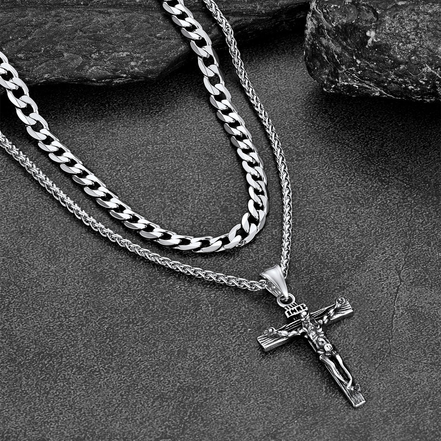 Gift for Jesus Cross & Cuban Chain Layered Necklace Set Birthday Gift