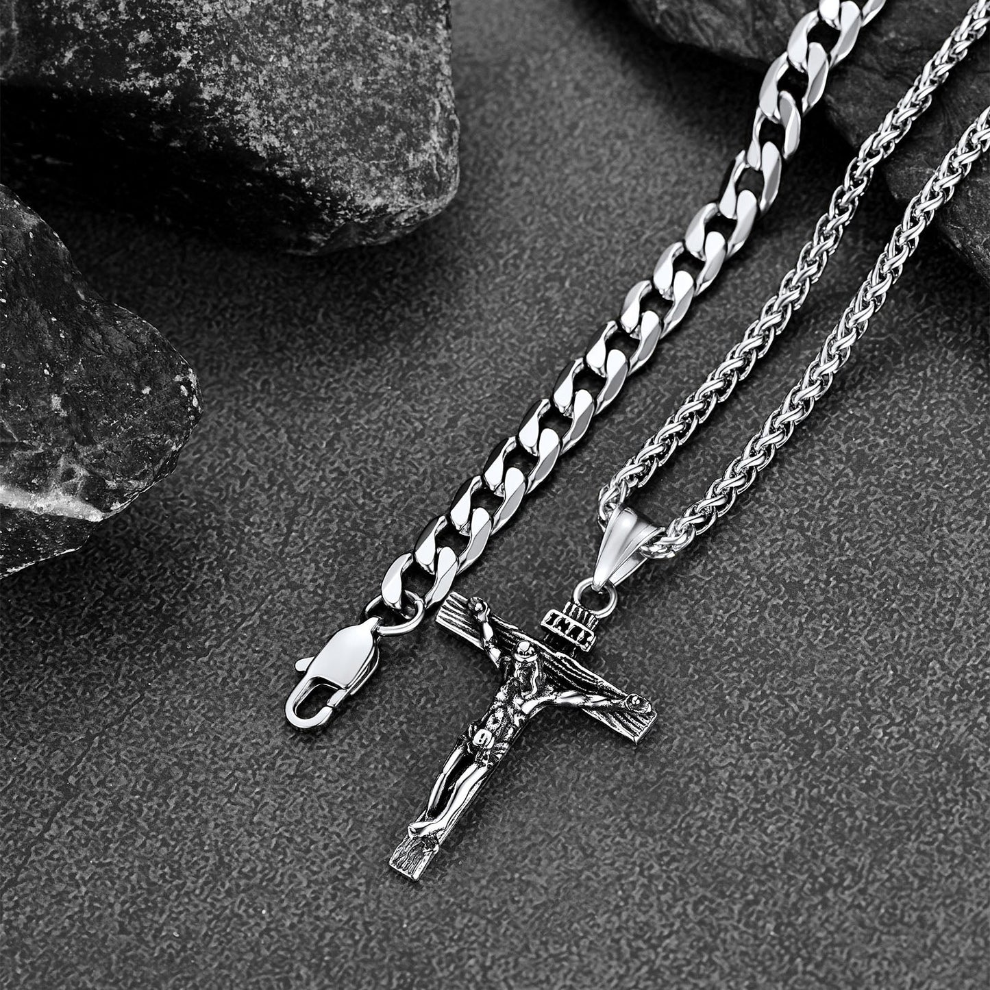 Jesus Crucifix Cross & Cuban Chain Layered Necklaces Set for