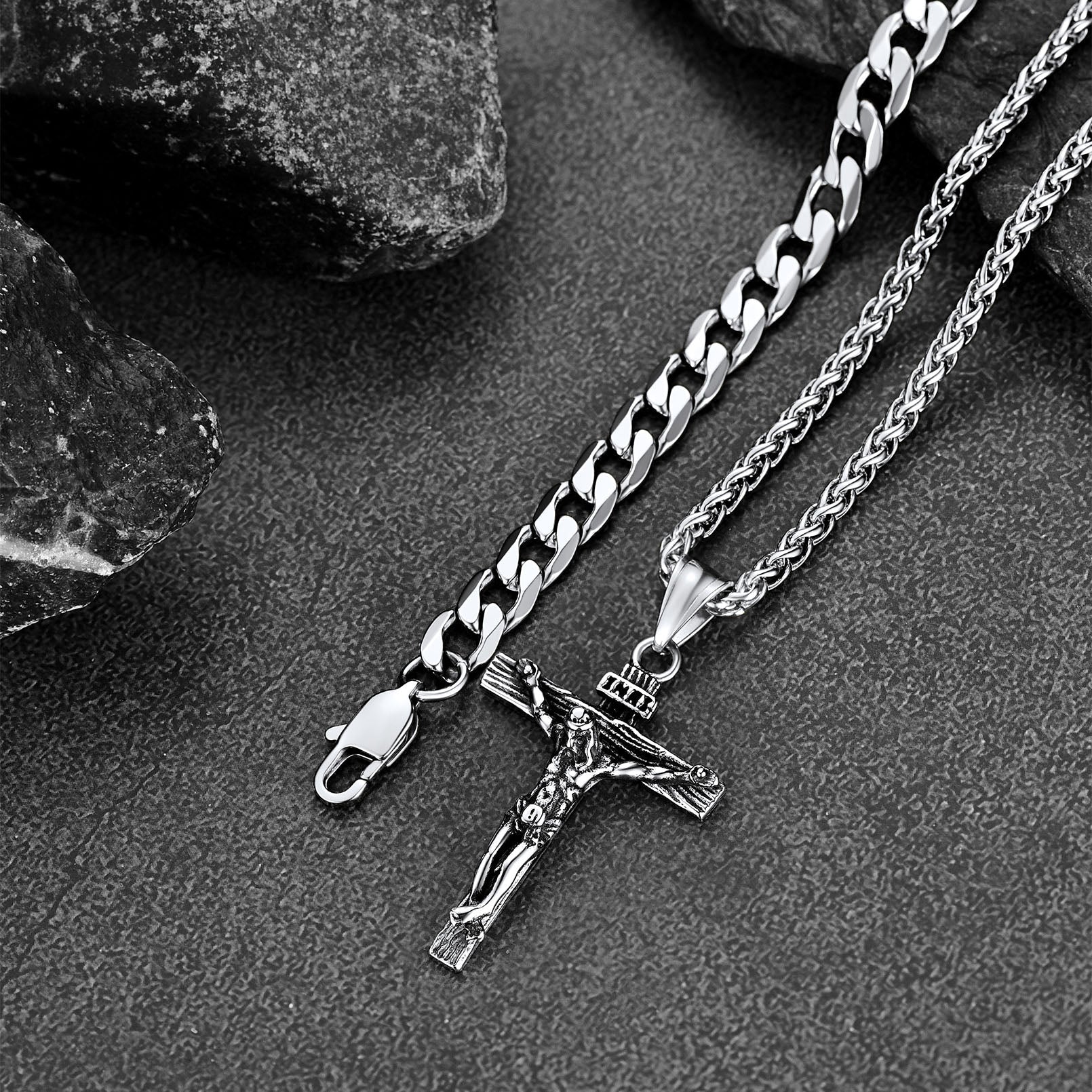 Gift for Jesus Cross & Cuban Chain Layered Necklace Set Birthday Gift