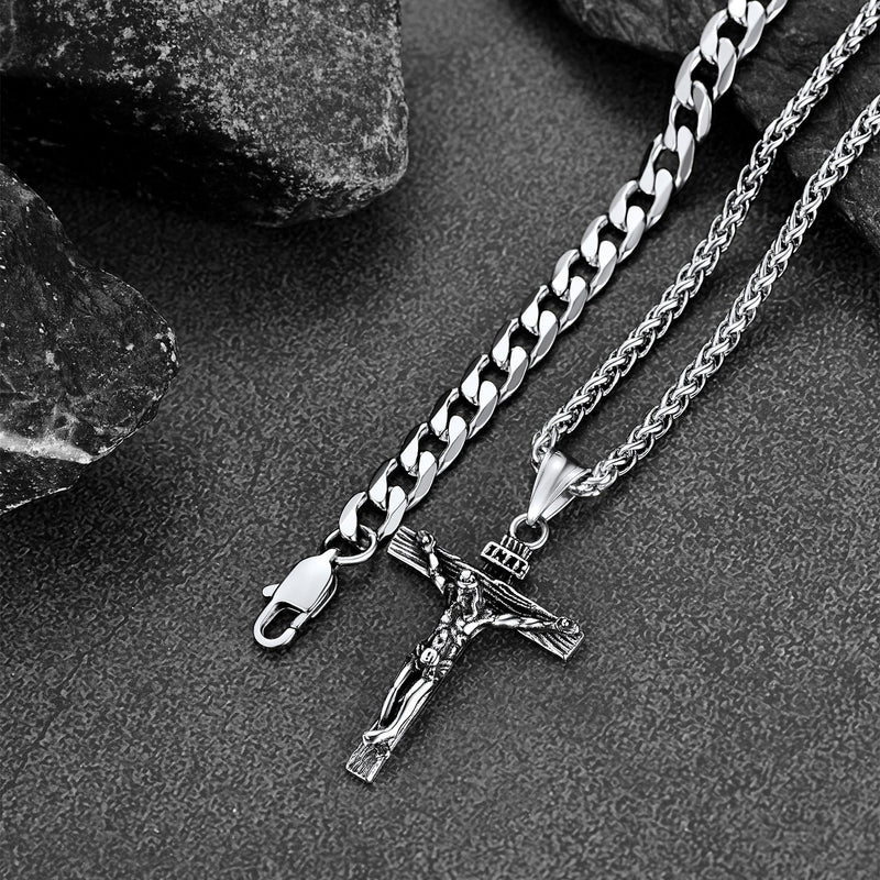 Gift for Jesus Cross & Cuban Chain Layered Necklace Set Birthday Gift