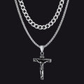 Jesus Crucifix Cross & Cuban Chain Layered Necklaces Set for