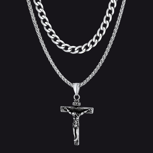 Jesus Crucifix Cross & Cuban Chain Layered Necklaces Set for