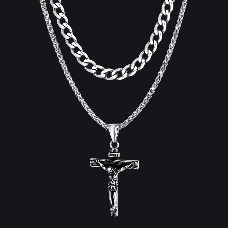 Jesus Crucifix Cross & Cuban Chain Layered Necklaces Set for