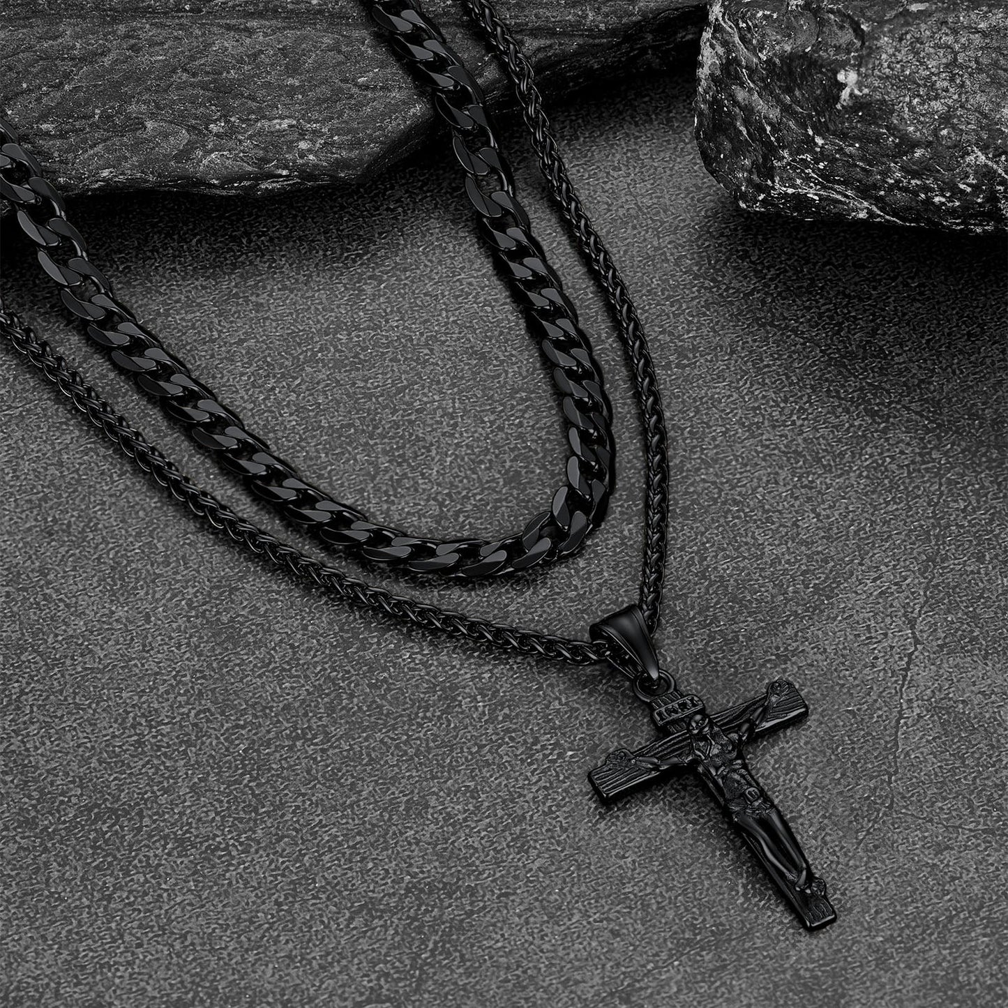 Gift for Jesus Cross & Cuban Chain Layered Necklace Set Birthday Gift