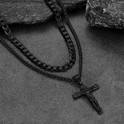 Gift for Jesus Cross & Cuban Chain Layered Necklace Set Birthday Gift