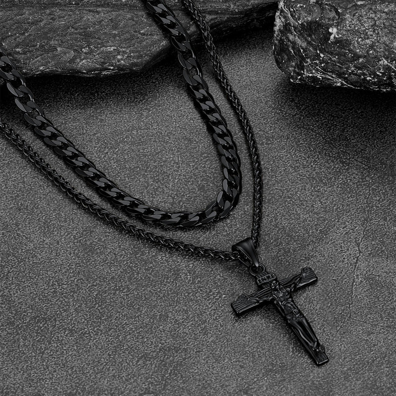 Gift for Jesus Cross & Cuban Chain Layered Necklace Set Birthday Gift