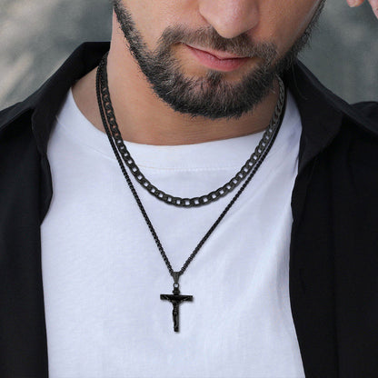 Jesus Crucifix Cross & Cuban Chain Layered Necklaces Set for