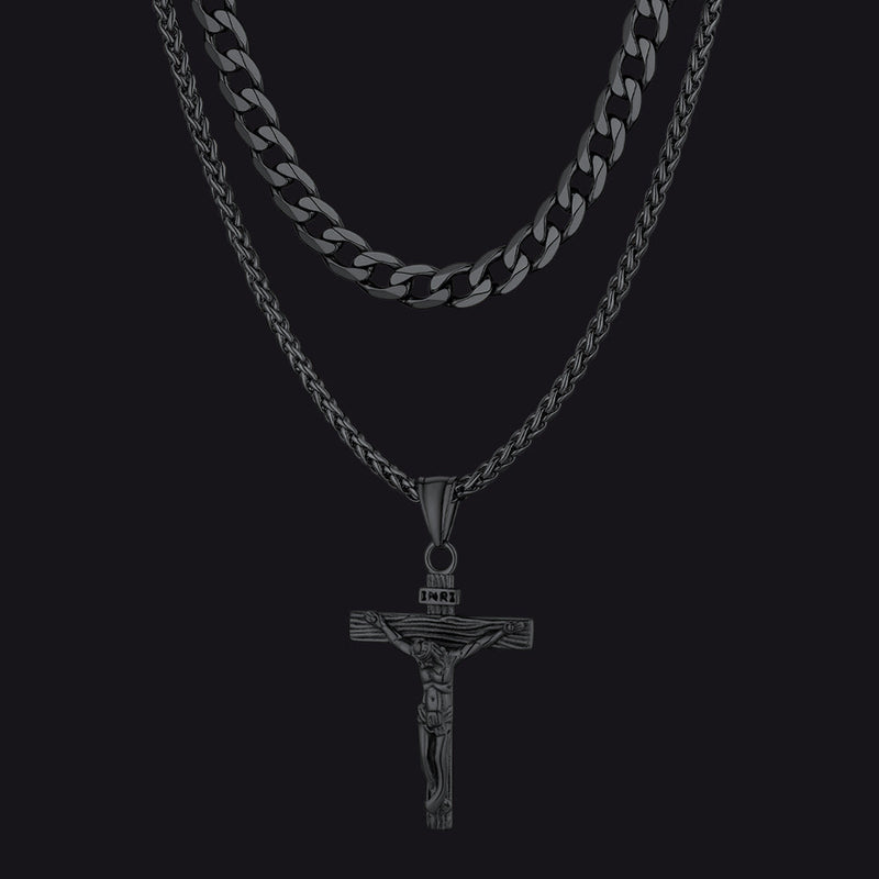 Jesus Crucifix Cross & Cuban Chain Layered Necklaces Set for