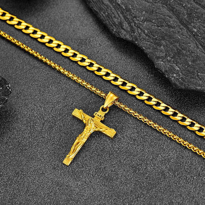 Jesus Crucifix Cross & Cuban Chain Layered Necklaces Set for