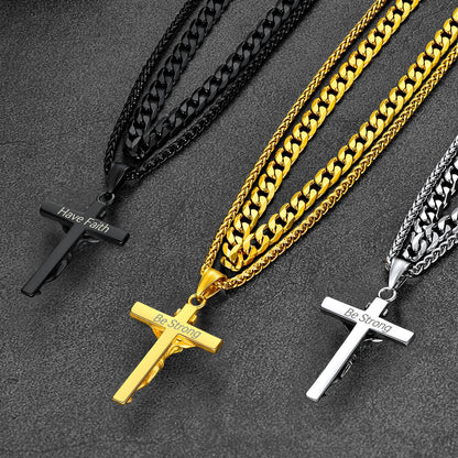 Jesus Crucifix Cross & Cuban Chain Layered Necklaces Set for