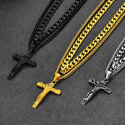Jesus Crucifix Cross & Cuban Chain Layered Necklaces Set for