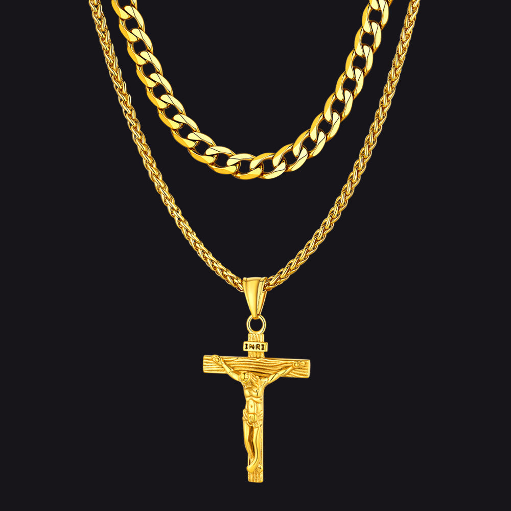 Jesus Crucifix Cross & Cuban Chain Layered Necklaces Set for