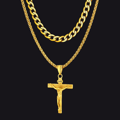 Gift for Jesus Cross & Cuban Chain Layered Necklace Set Birthday Gift