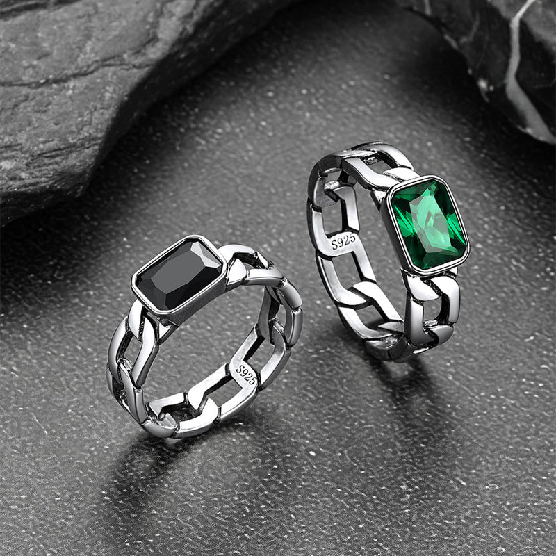S925 Silver Cuban Link Chain Band Ring With Cubic Zirconia