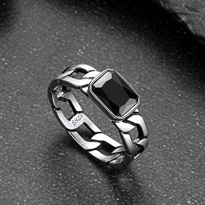 S925 Silver Cuban Link Chain Band Ring With Cubic Zirconia