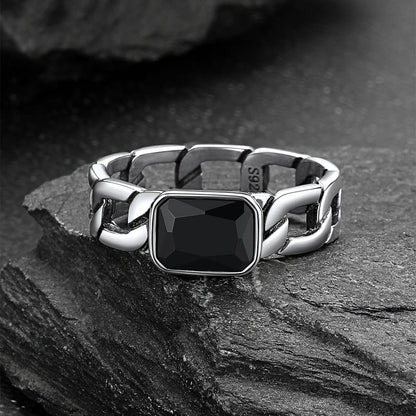 S925 Silver Cuban Link Chain Band Ring With Cubic Zirconia