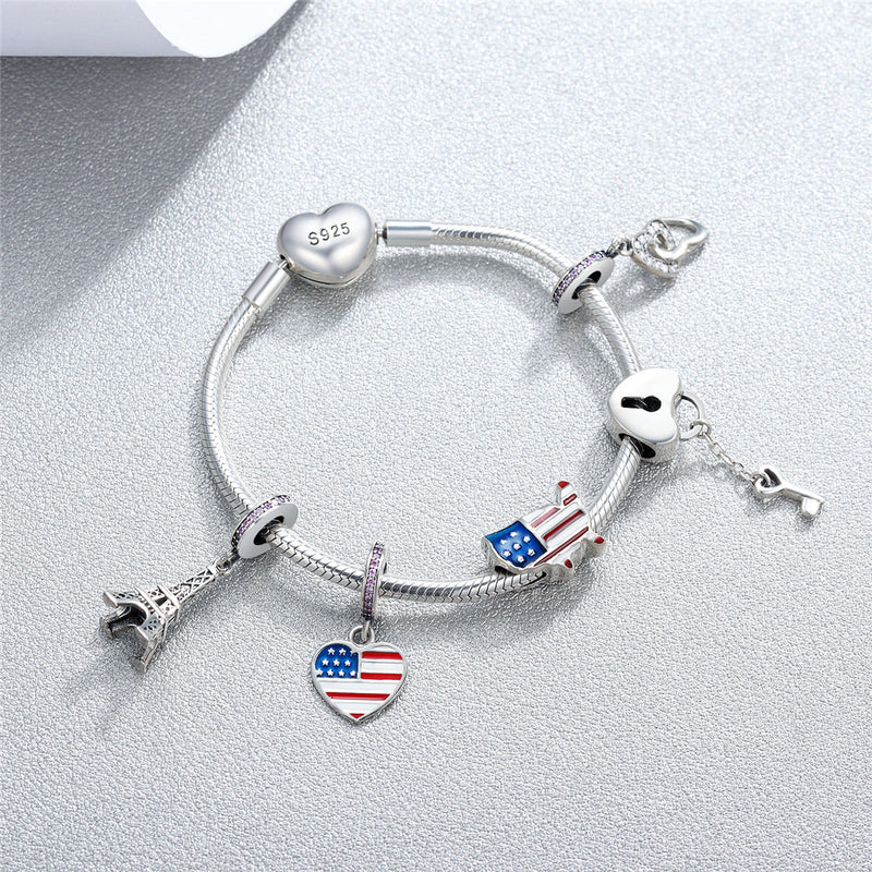 Cubic Zirconia American Flag Charm Beads Fit Bracelet Necklaces