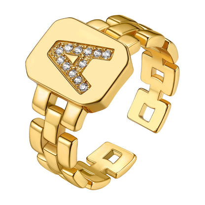 Cubic Zirconia Initial Letter Adjustable Chain Signet Rings for