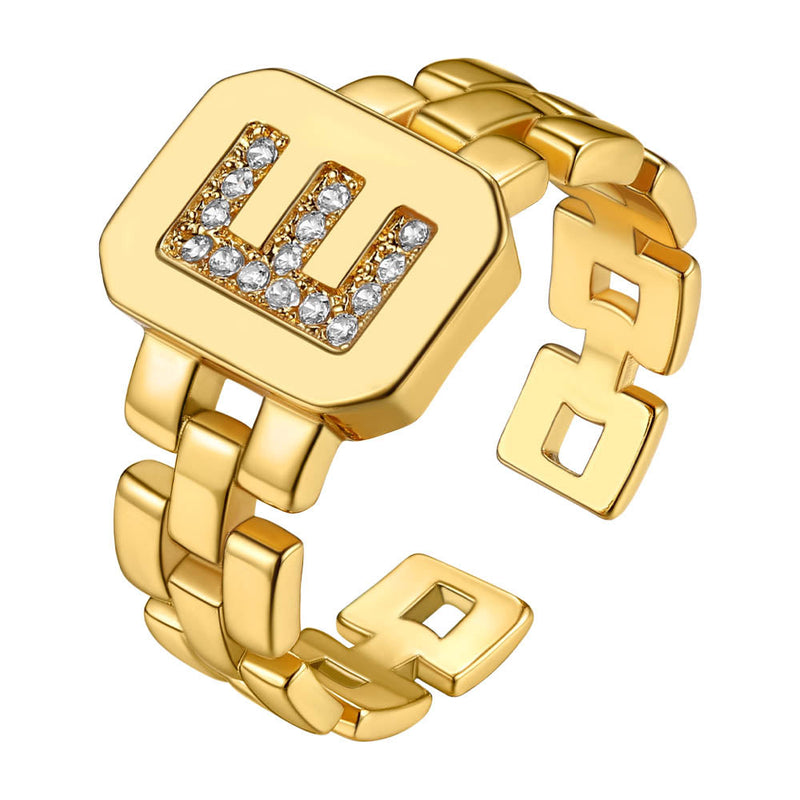 Cubic Zirconia Initial Letter Adjustable Chain Signet Rings for