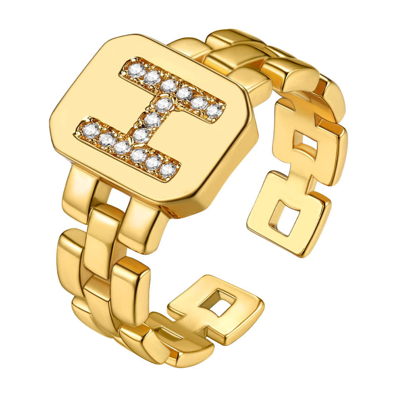 Cubic Zirconia Initial Letter Adjustable Chain Signet Rings for