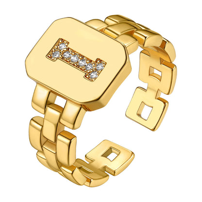 Cubic Zirconia Initial Letter Adjustable Chain Signet Rings for