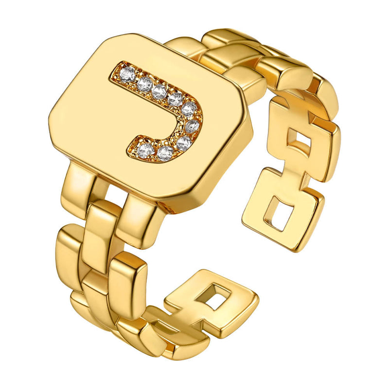 Cubic Zirconia Initial Letter Adjustable Chain Signet Rings for