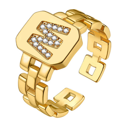 Cubic Zirconia Initial Letter Adjustable Chain Signet Rings for