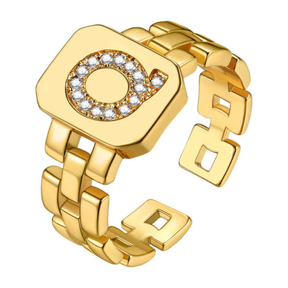 Cubic Zirconia Initial Letter Adjustable Chain Signet Rings for