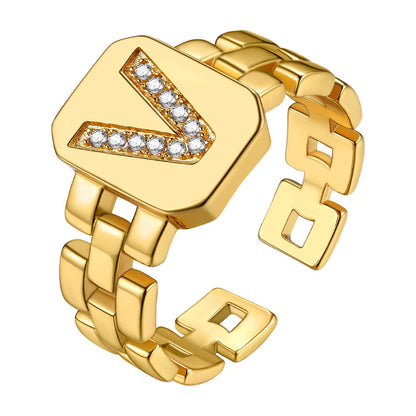 Cubic Zirconia Initial Letter Adjustable Chain Signet Rings for