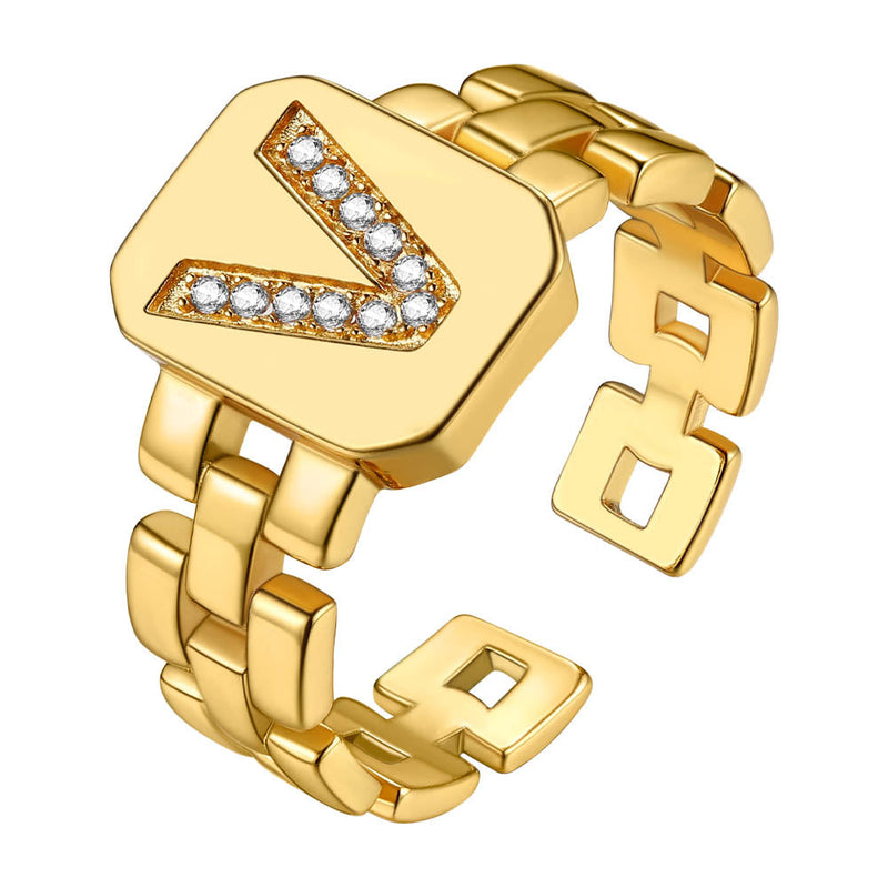 Cubic Zirconia Initial Letter Adjustable Chain Signet Rings for