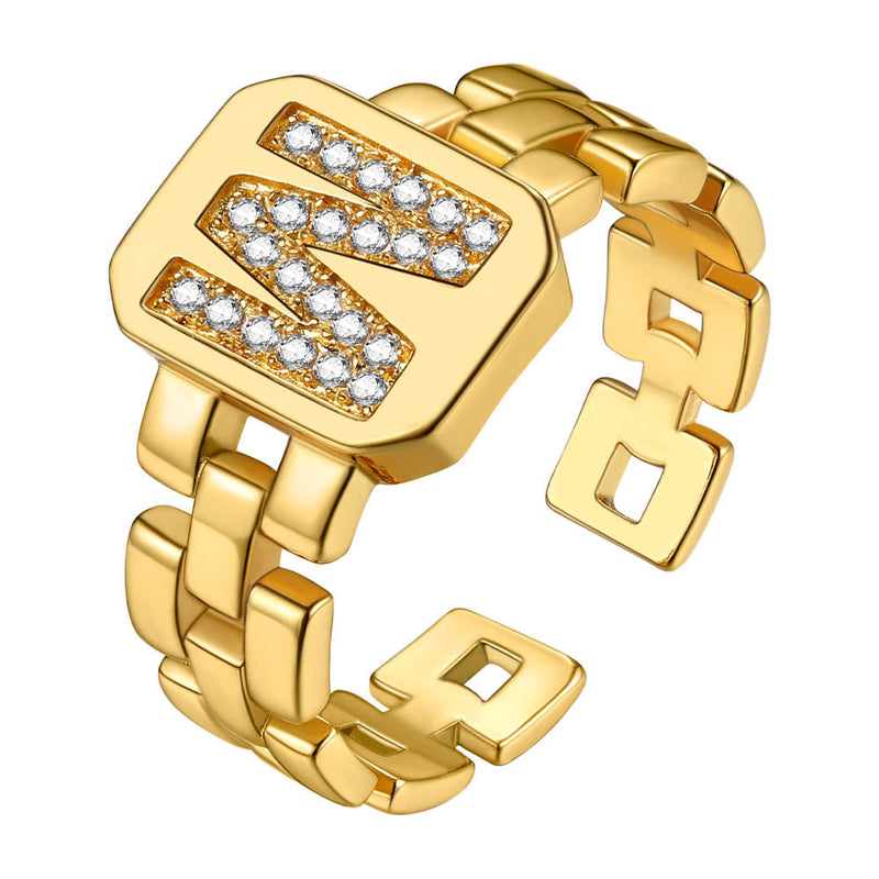 Cubic Zirconia Initial Letter Adjustable Chain Signet Rings for