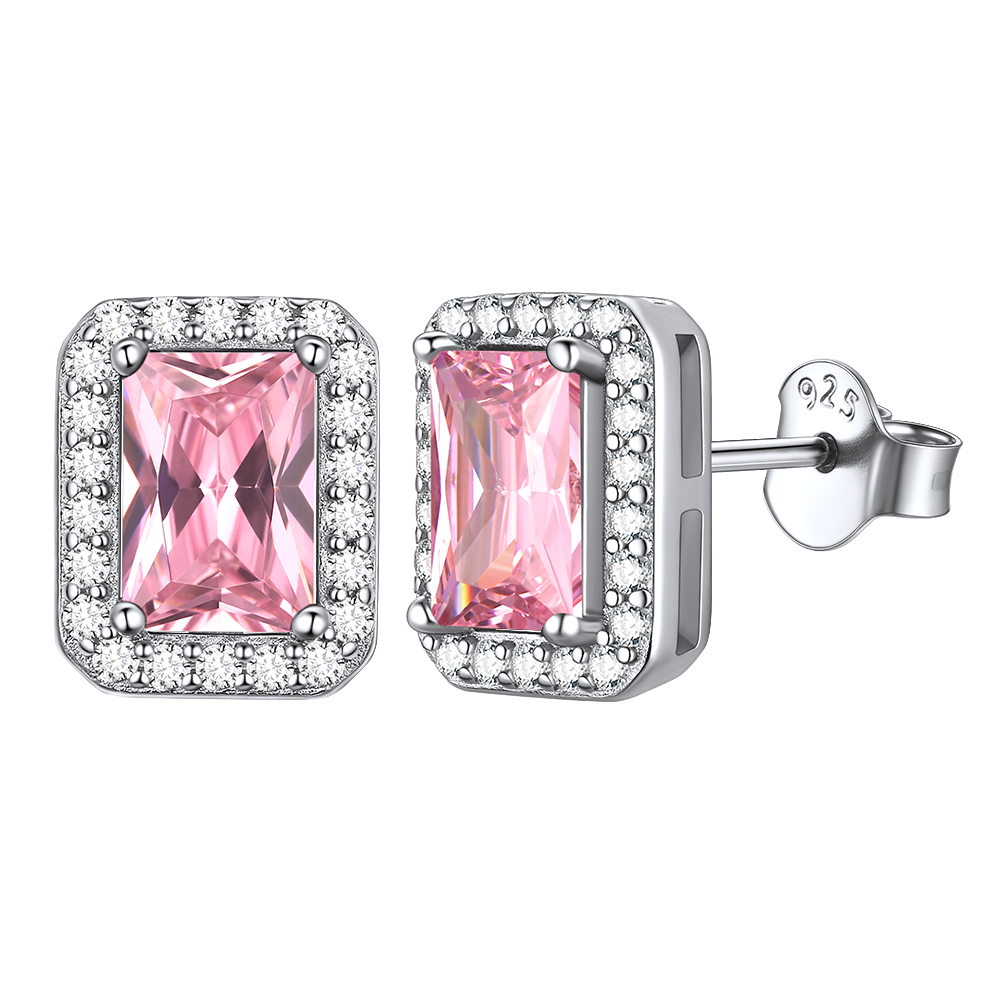 Silver Cubic Zirconia Square Cut Halo Stud Earrings for
