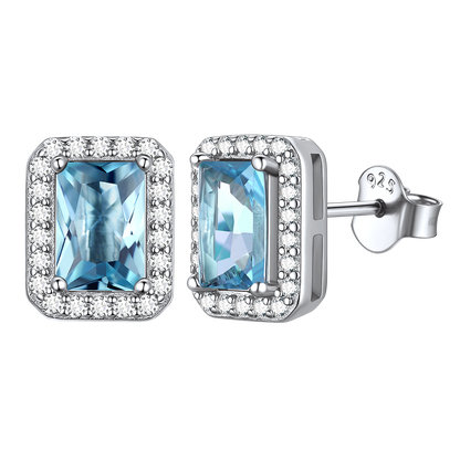 Silver Cubic Zirconia Square Cut Halo Stud Earrings for