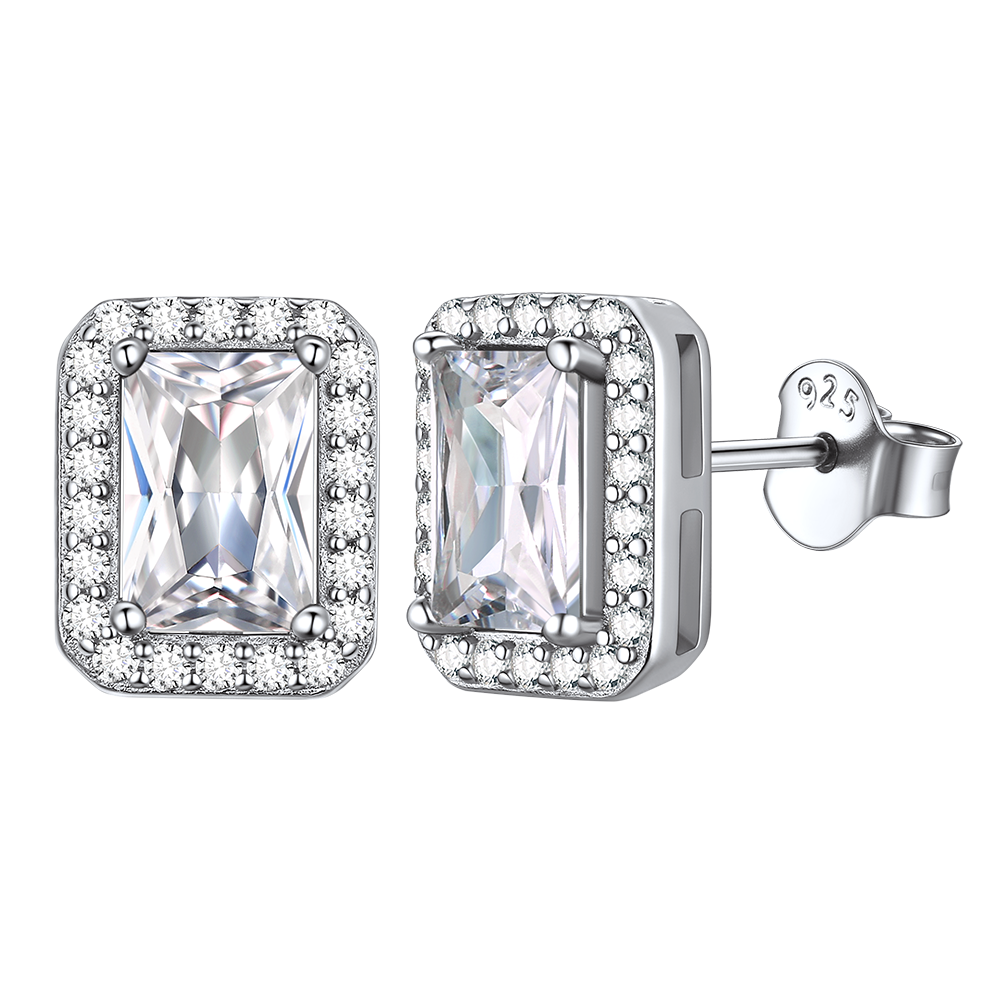 Silver Cubic Zirconia Square Cut Halo Stud Earrings for