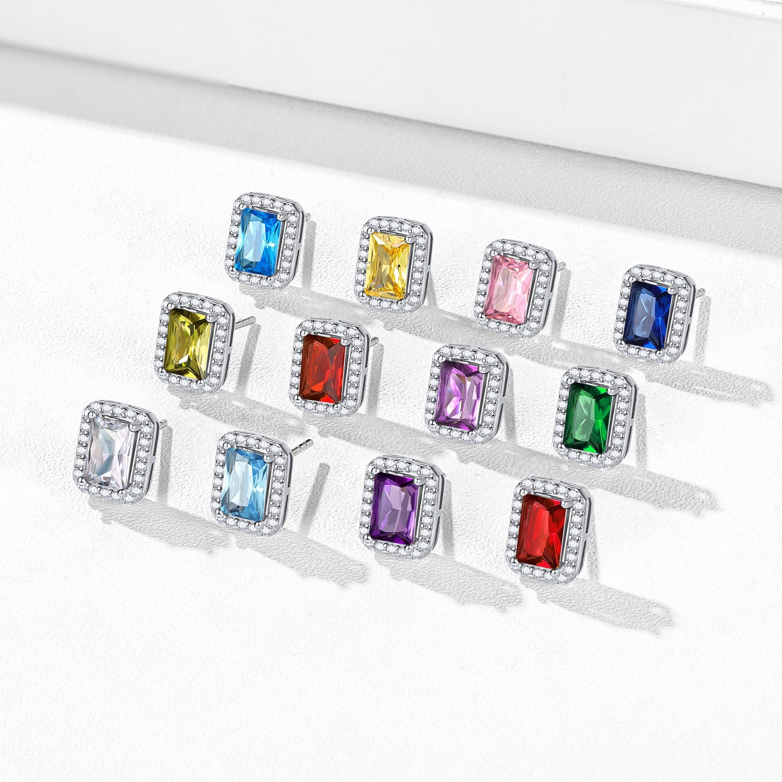 Silver Cubic Zirconia Square Cut Halo Stud Earrings for