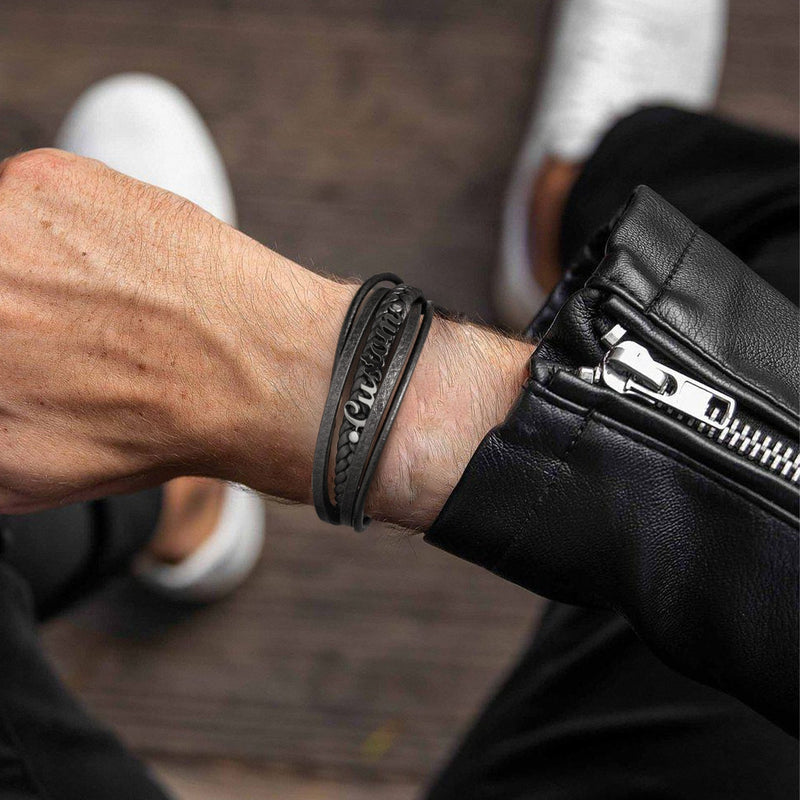 Custom Clasp Braided Leather Wristband Bracelet for Son Dad