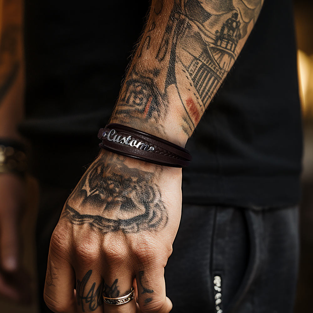 Custom Clasp Braided Leather Wristband Bracelet for Son Dad