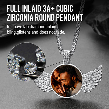 Custom Circle Picture Necklace With Angel Wing Memorial Gift for