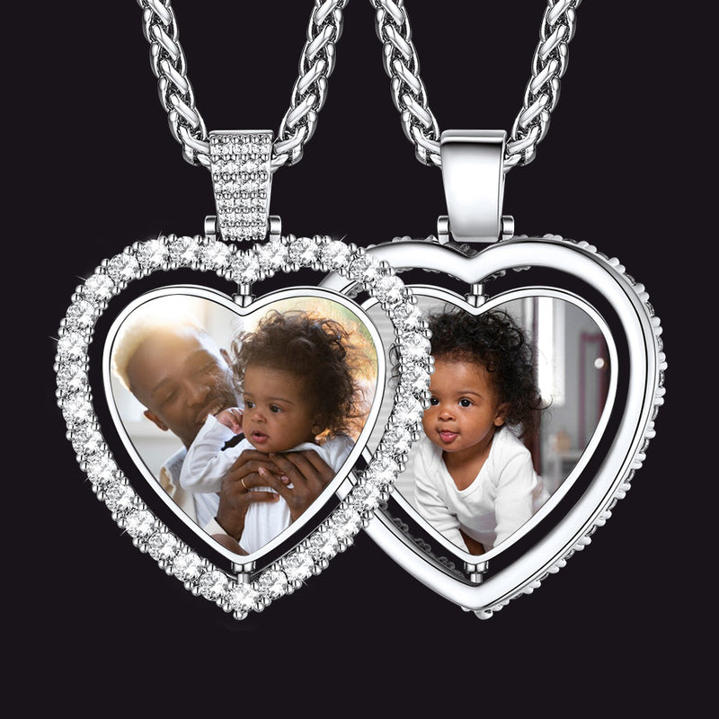 Customized Double-side Heart Picture Photo Necklace With Cubic Zirconia