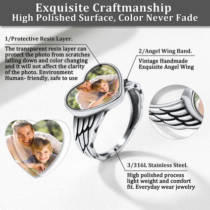Personalized Photo Heart Angel Wing Ring With Picture for