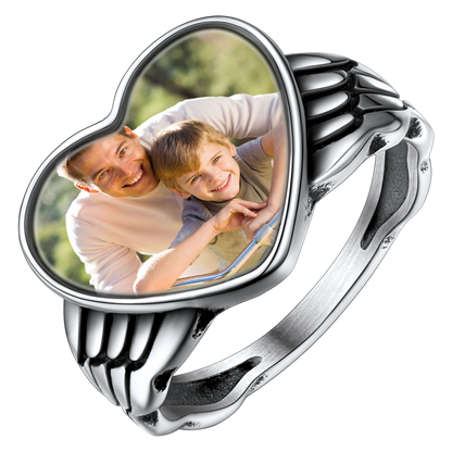 Personalized Photo Heart Angel Wing Ring With Picture for