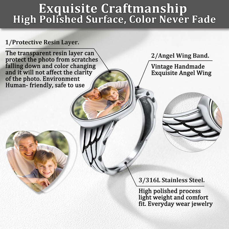 Personalized Photo Heart Angel Wing Ring With Picture for