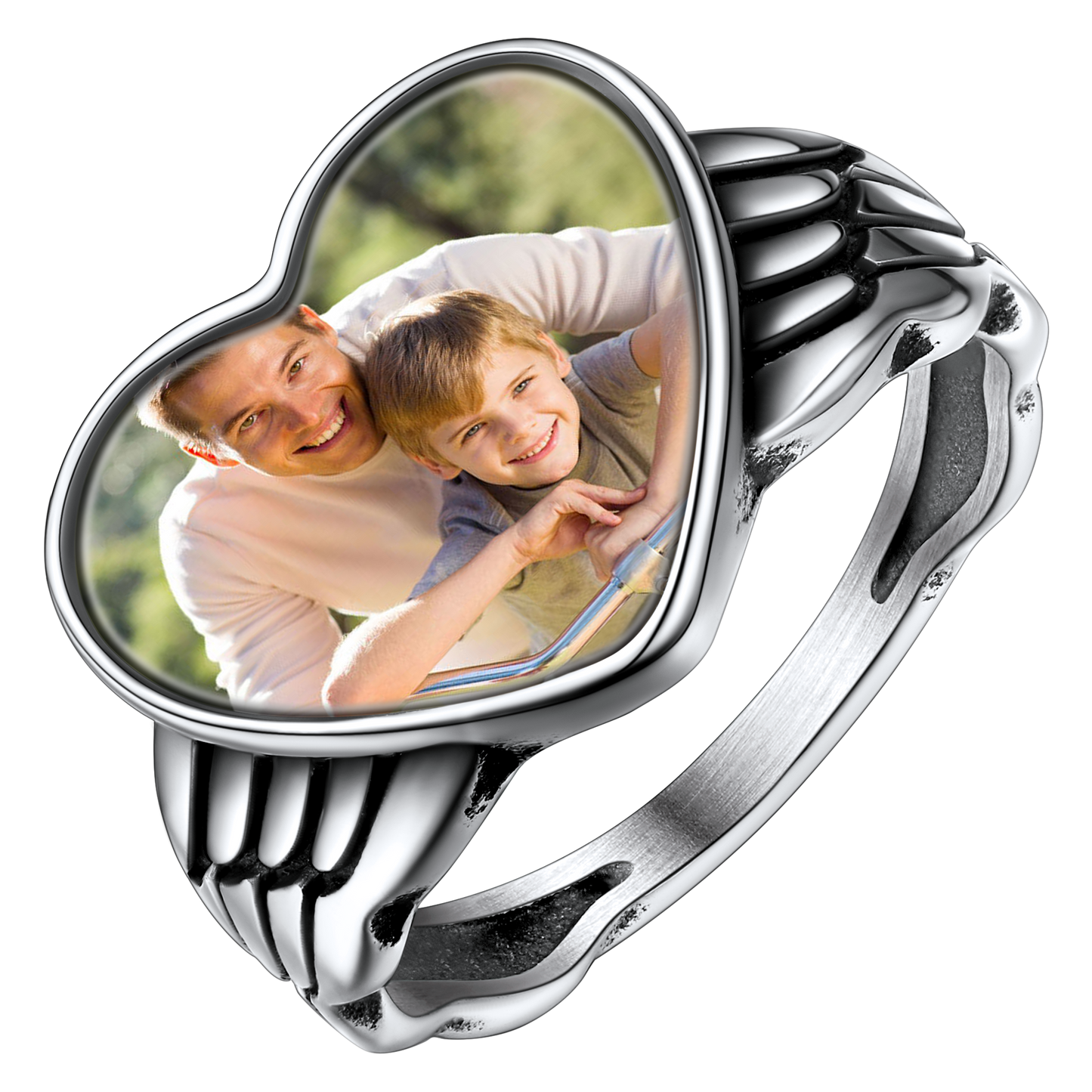 Personalized Photo Heart Angel Wing Ring With Picture for