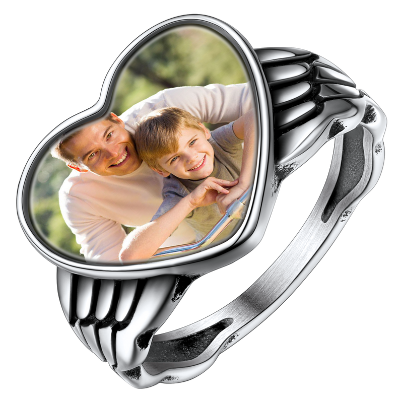 Personalized Photo Heart Angel Wing Ring With Picture for