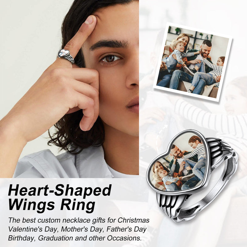 Personalized Photo Heart Angel Wing Ring With Picture for