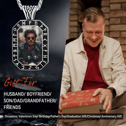 Engraved Customized Photo Dog Tag Necklace With Viking Runes for